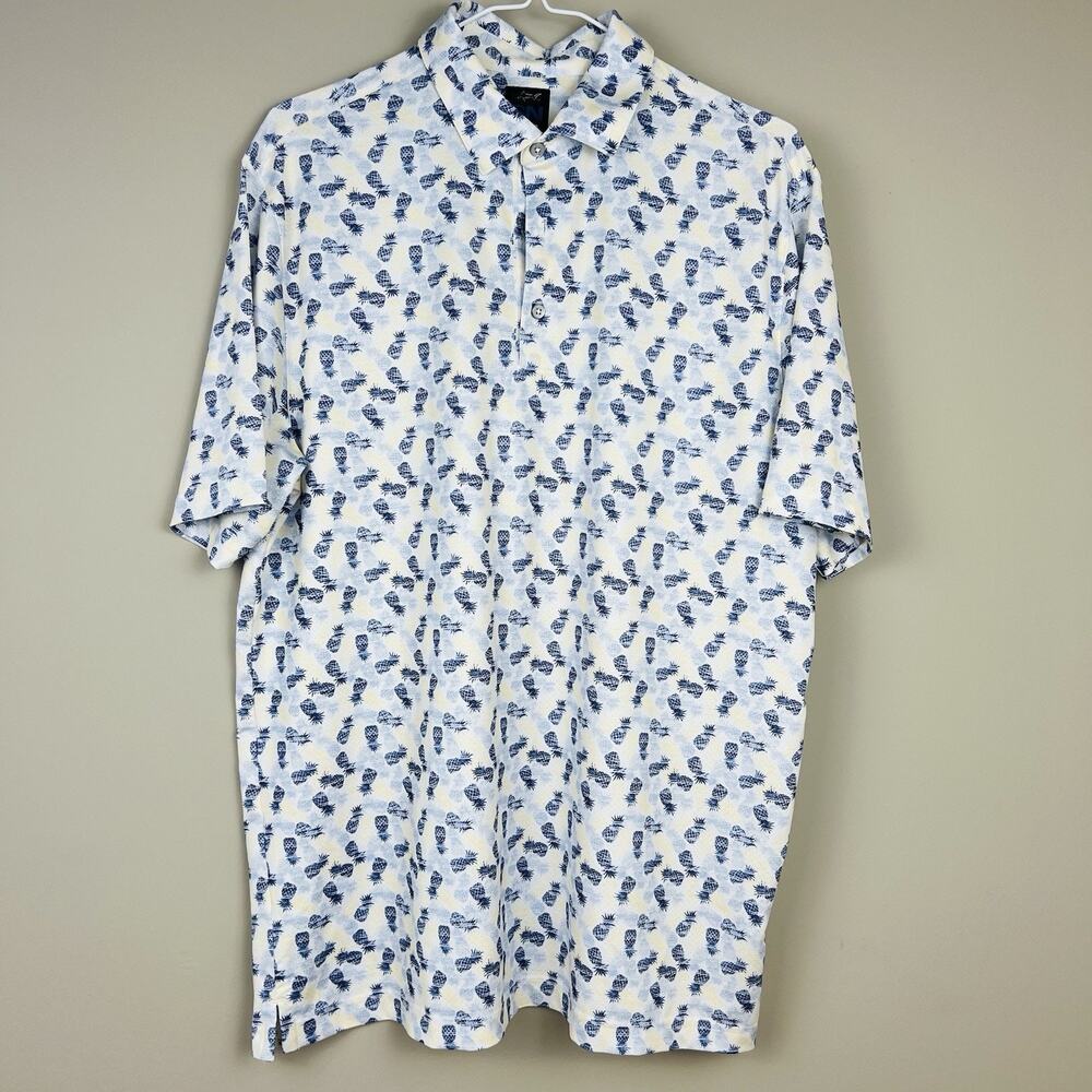 Greg Norman Polo Shirt Men's Large Blue Yellow Pineapple geometric All Over Golf
